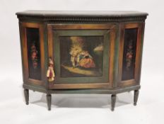 French-style painted side cabinet with dentil moulded apron, the single door painted with a scene of