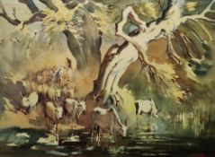 G.D. Paulraj (India, 1914-1989) Watercolour Herdsman with cattle watering at riverbank, signed lower