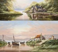 David James Oil on Canvas River landscape with mill, signed lower left, 45.5cm x 121cm, together