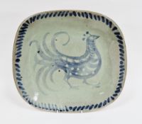 Mid 20th century studio pottery shaped rectangular dish, painted with a stylised cockerel with a