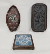 Three Victorian walnut framed stands, inset with floral beaded panels (two damaged), longest 55cm