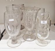 Collection of 19th century cut and engraved glass celery vases, flower vases and a 20th century