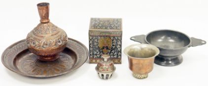 Collection of metalware including an antique pewter quaich with touchmarks, a Persian white metal
