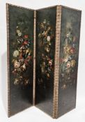 Early 20th century three-fold dressing screen, each section canvas covered with hand-painted