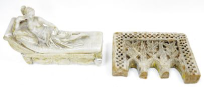 19th century carved alabaster figure of a semi-naked classical female reclining on a chaise