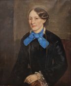 19th century school Oil on canvas Half-length portrait of young woman wearing blue necktie,