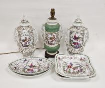 Assorted continental porcelain Chelsea-style dinner wares, each printed with exotic birds in