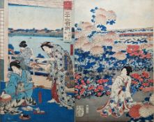 Toyohara Kunichika (1835-1900) Woodblock print Two female musicians and another female in an