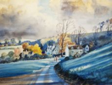 Michael B. Edwards (British, 1939-2009) Watercolour Evening rural scene with figures on a path,