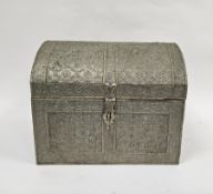 Wooden domed top chest with embossed metal covering decorated with flowers and scrolling foliage,