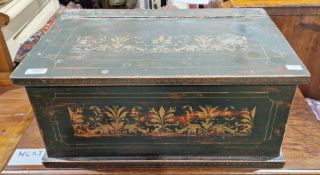 Modern small blanket box with green and gilded painted finish, the hinged lid opening to an empty