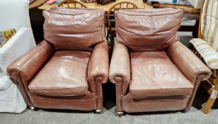 Pair of early 20th century armchairs reupholstered in tan brown, 87cm wide x 80cm deep x 79cm high
