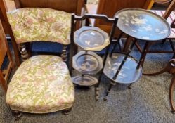Three items of furniture including an early 20th century ebonised three-tier folding cake stand, the