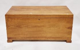 Large 20th century teak blanket box, the hinged lid opening to an empty space, twin block handles to