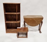 Three items of furniture including a mid-20th century three-tier bookcase with rounded corners to