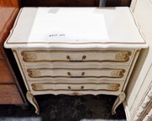 Modern French-style chest of three long drawers with a cream and gilt-effect painted finish, the