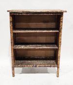 19th century bamboo, pine and wicker bookcase, the three shelves with leather-effect embossed