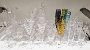 Collection of cut and coloured table glass, including: six Polspotten cut harlequin flutes, six Emma