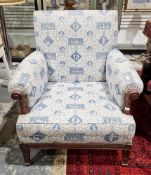Mahogany upholstered armchair having a classical blue and white fabric, 92cm high  Property of