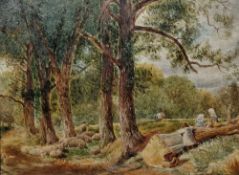 W. Lowe Oil on board 'A Surrey Lane', woodland scene with figures near fallen tree and sheep