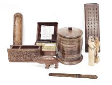 Mixed lot of wooden items and metalware including silverplated biscuit barrel, brass jam pan,