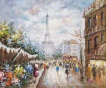 Caroline C. Burnett (1877-1950) Oil on canvas Parisian street scene with Eiffel Tower in distance,