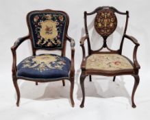 French elbow chair in the Louis XV manner, with woolwork upholstered back panel, arm rests and