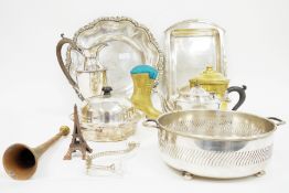 Collection of silver plate and metalware including silver plate teapot, water jug, muffin dish, tray