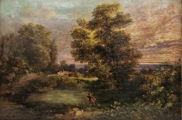 Frank Bott (19th century) Oil on canvas Rural scene at sunset with fisherman on riverbank, signed