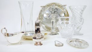 Mixed lot of silver plate and glass items including an Elkington plate three branch candelabrum,