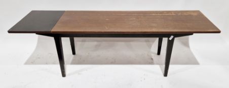 Mid-century retro teak and ebonised coffee table with additional section to end and raised on square