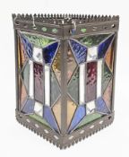 Edwardian metal framed square hanging hall lantern with leaded stained and clear glass panels,
