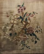 19th century embroidery on silk of a spray of flowers, gilt-wood framed and glazed, overall