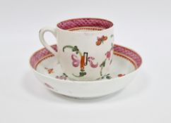 Lowestoft porcelain famille rose 'Top Hat' pattern coffee cup and saucer, circa 1765-75, painted