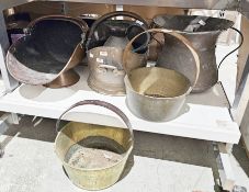 Collection of copper and brassware including 19th century copper helmet shaped coal scuttle together