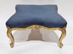 French giltwood square stool, the shaped seat with blue fabric upholstery, raised on a carved
