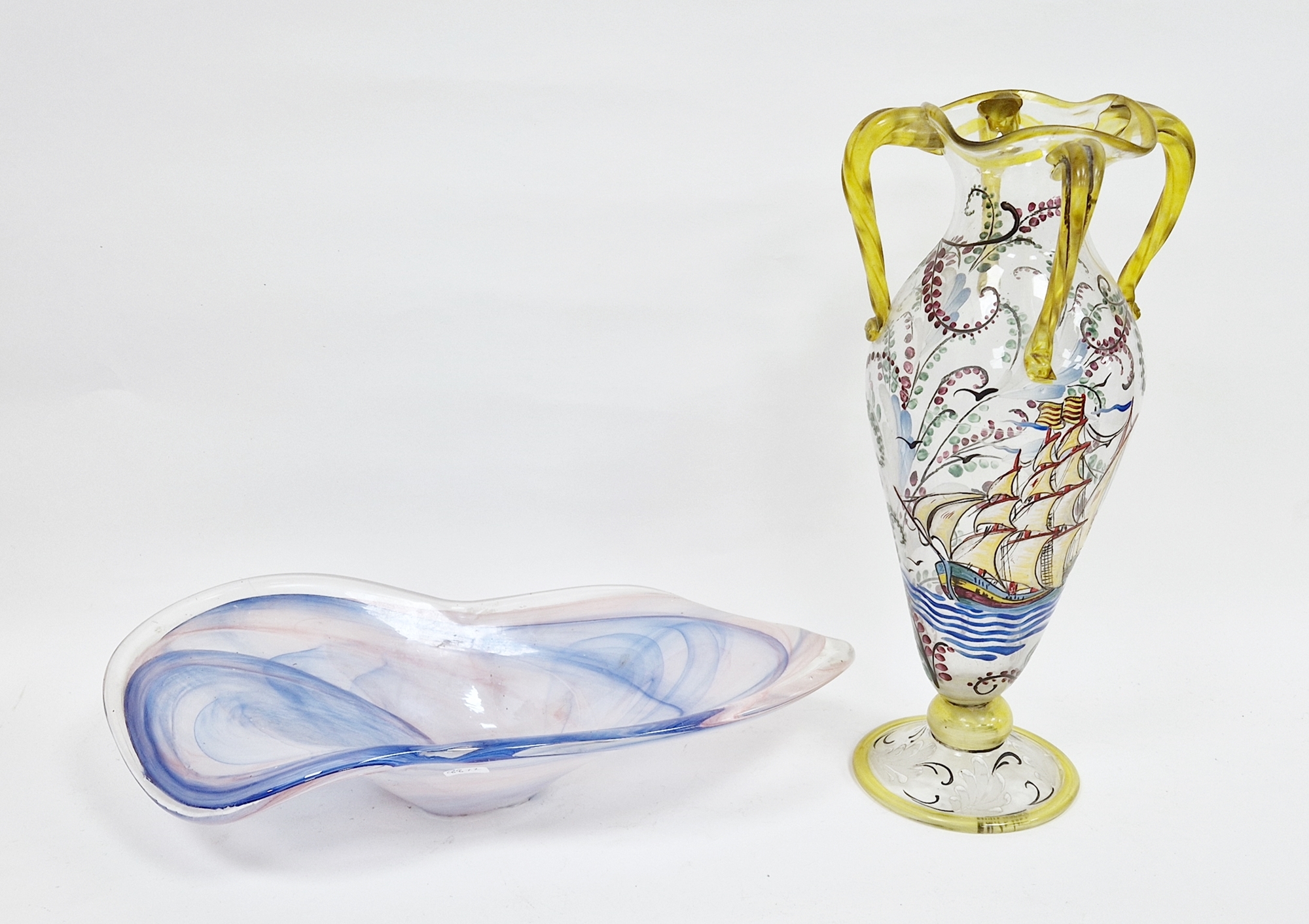 Pierre Cadena glass oviform vase, enamelled with a sailing ship and flowers, with four yellow tinted