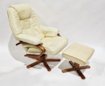 Ekornes Somo reclining chair and stool with cream leather upholstery, chair 73cm wide x 100cm
