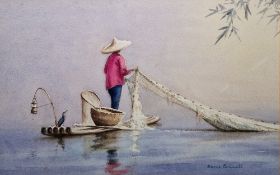 Denis Pannett (b.1939) Watercolour 'Fisherman on the Li Jiang', signed lower right, titled verso,