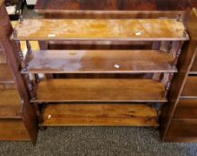 Victorian mahogany four-tier hanging shelf with double turned baluster spindle supports, 93cm wide x