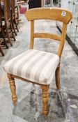 Set of four French-style hardwood dining chairs with splat back, upholstered seat and turned front