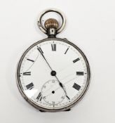 Early 20th century silver-cased open-faced pocket watch, the enamel dial with roman numerals