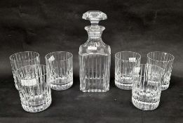 Baccarat Harmonie square section whisky decanter and stopper and six beakers, etched marks, the
