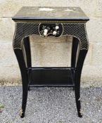 Modern black lacquered side table, the top with painted decoration of flowers and leaves with