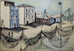 Brigitte Heiliger-Kramm  Ink, pastel and wash  Buildings with fishing nets, signed lower right and
