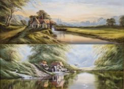 David James Oil on Canvas River landscape with mill, signed lower right, 45.5cm x 122cm, together