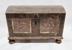 Antique oak domed top continental marriage chest of tapering form, the hinged lid opening to a