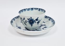Lowestoft porcelain blue and white teabowl and saucer, circa 1765, blue workman's 2 marks to each,