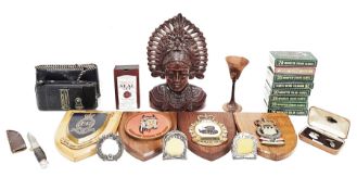 Mixed lot of collectables including four military plaques mounted on wooden shields including