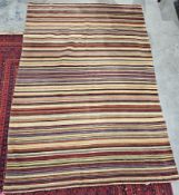 Woven rug with cream, rust, olive green, sage, purple, gold and pale green stripes, 162cm x 230cm